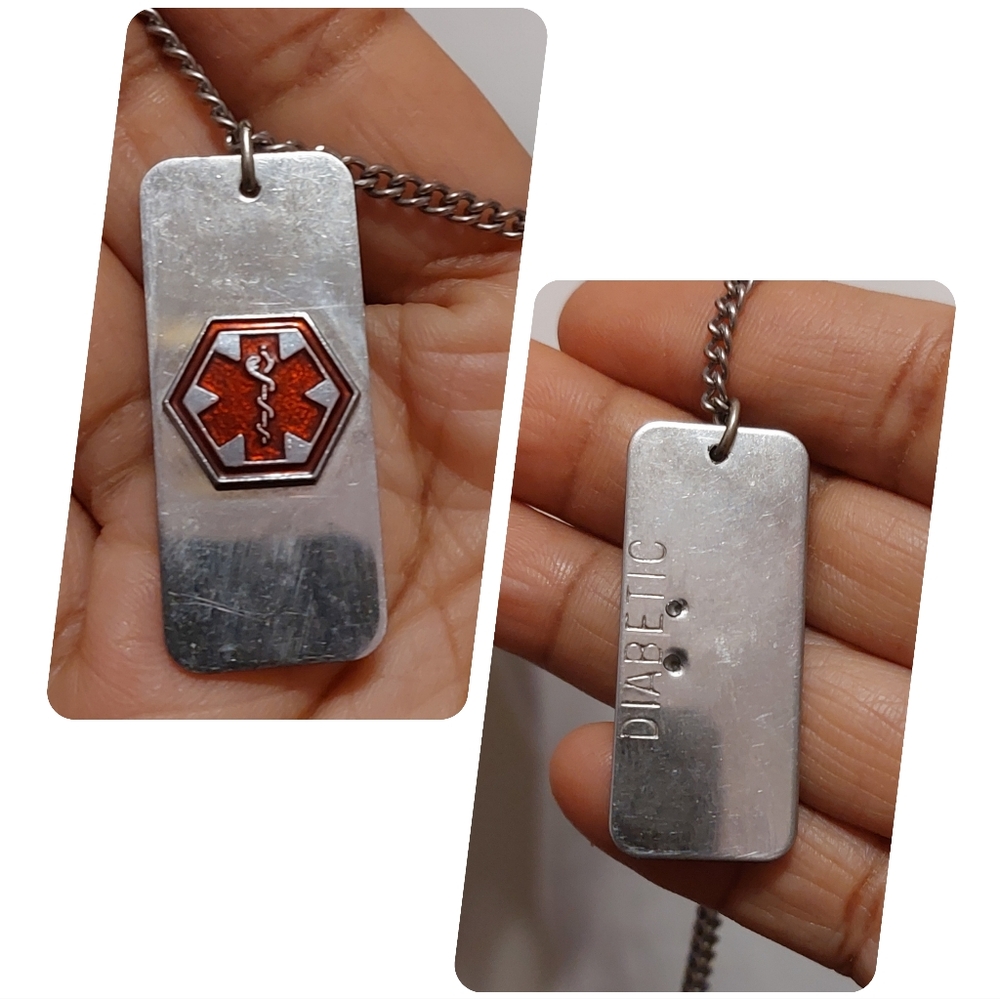 Diabetic Medical Alert ID Necklace Stainless Steel Silver Tone